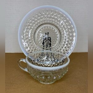 Vtg Fenton Hobnail ClearWhite Opalescent Glass Teacup and Saucer Moonstone